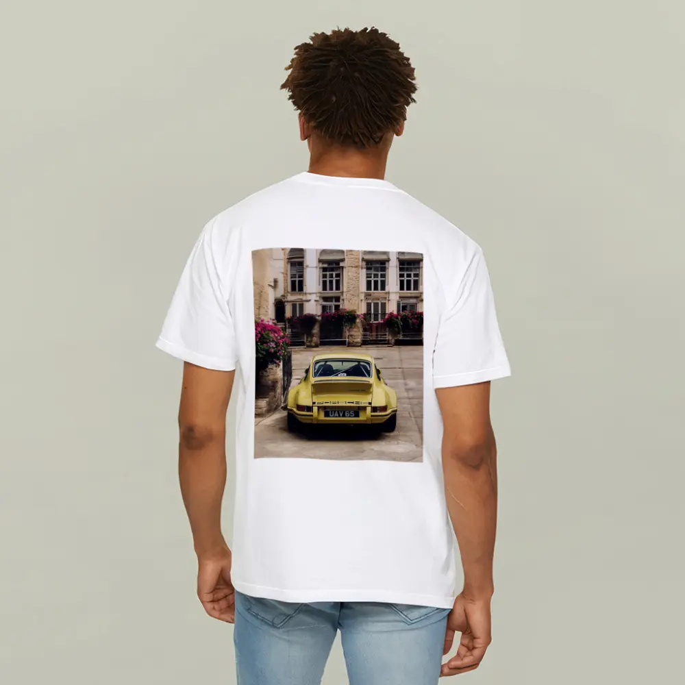 Yellow Porsche 911 Parked Old Town Street – T-Shirts