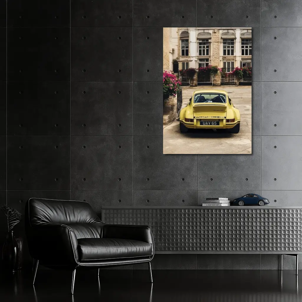 Yellow Porsche 911 Parked Old Town Street – Wall Art