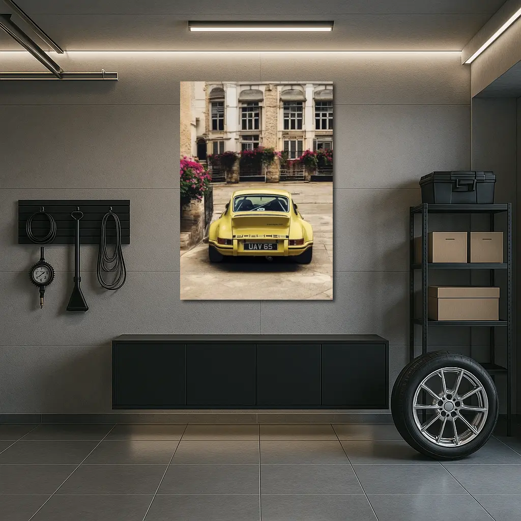 Yellow Porsche 911 Parked Old Town Street – Wall Art