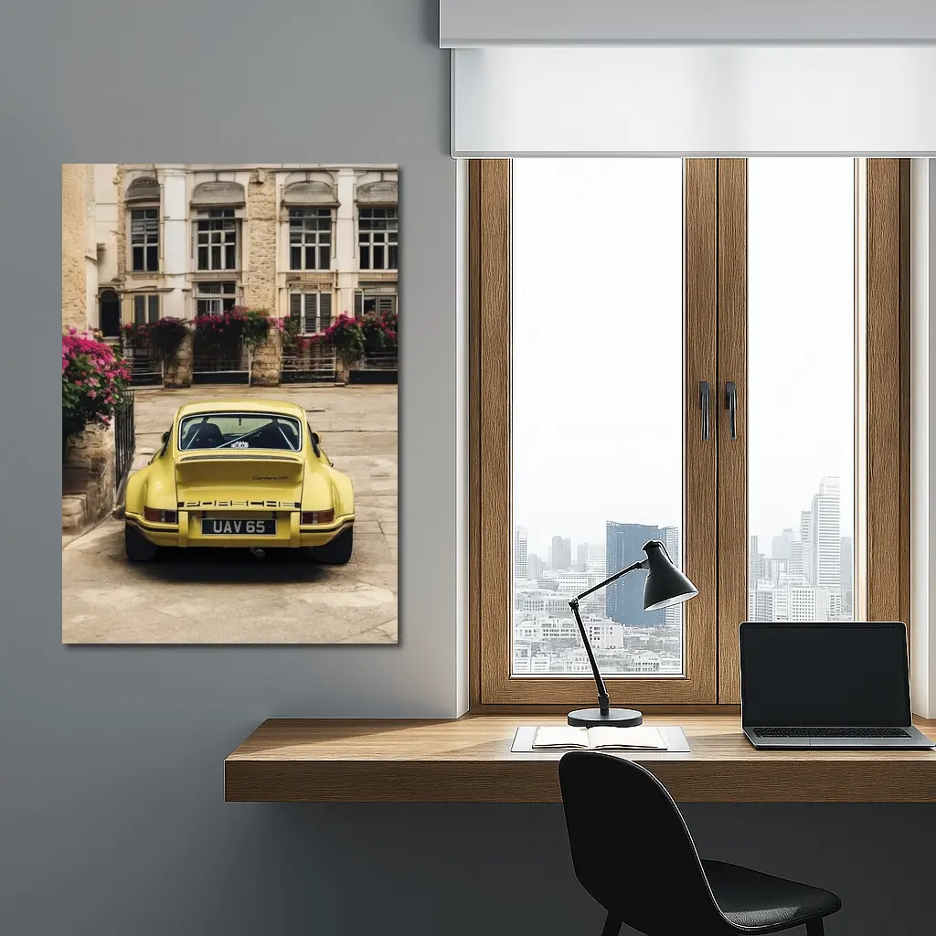 Yellow Porsche 911 Parked Old Town Street – Wall Art