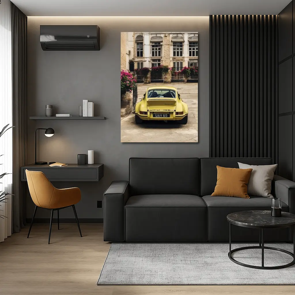 Yellow Porsche 911 Parked Old Town Street – Wall Art
