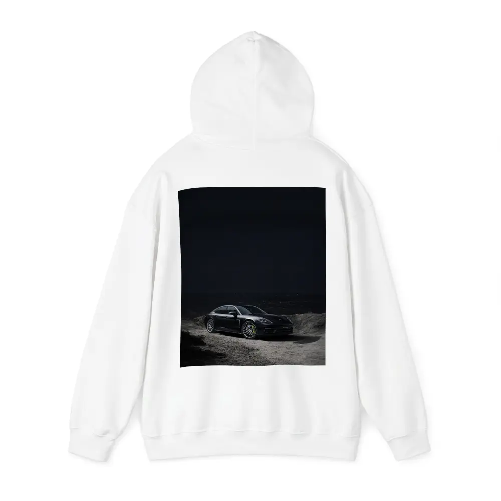Porsche Panamera Parked on Dark Terrain – Hoodies