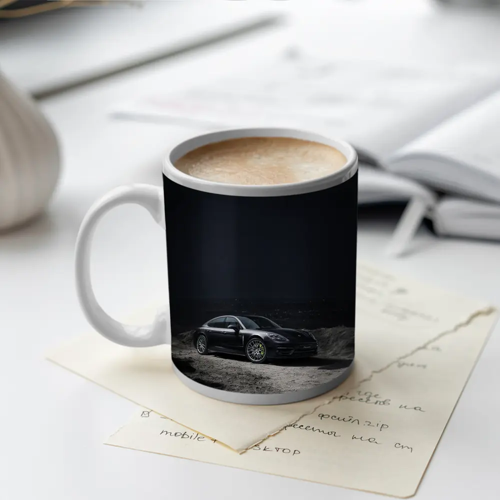 Porsche Panamera Parked on Dark Terrain – Mugs