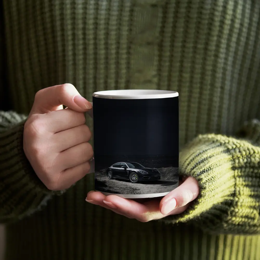 Porsche Panamera Parked on Dark Terrain – Mugs