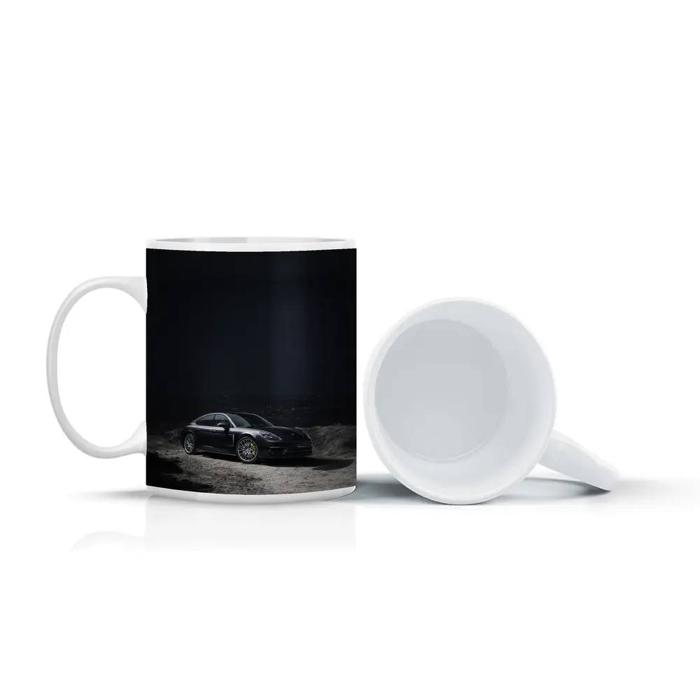 Porsche Panamera Parked on Dark Terrain – Mugs