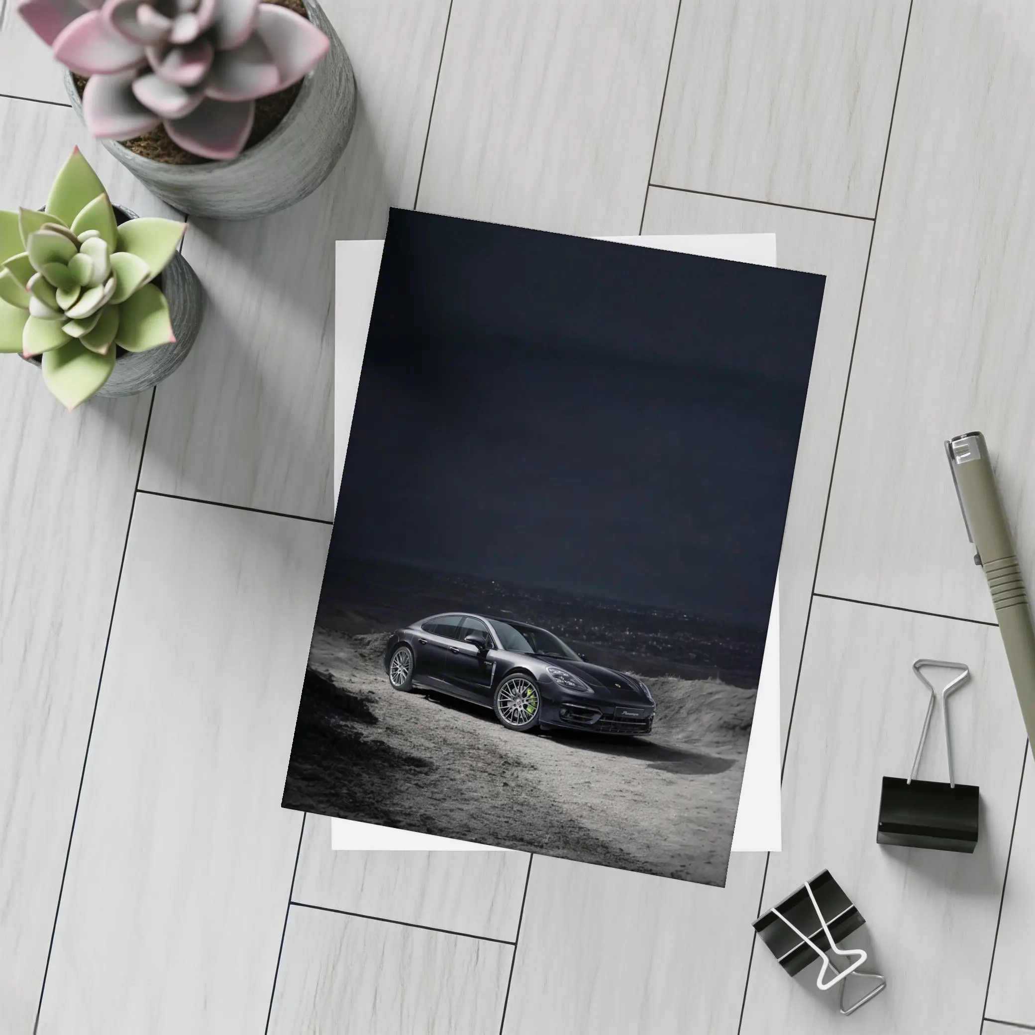 Porsche Panamera Parked on Dark Terrain – Postcards