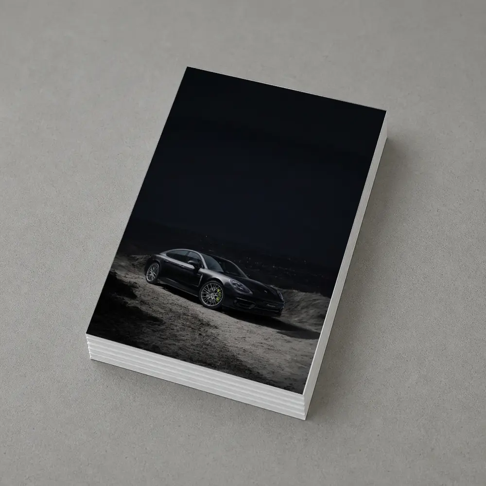 Porsche Panamera Parked on Dark Terrain – Postcards