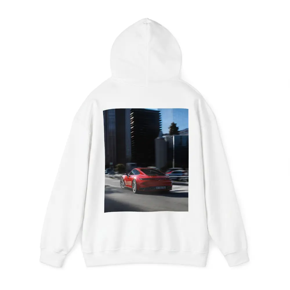 Red Porsche 911 Driving Through City Streets – Hoodies