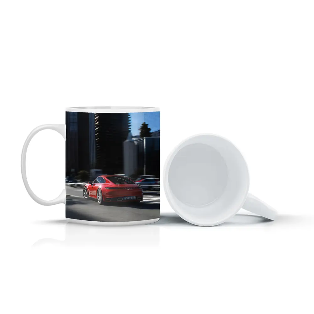 Red Porsche 911 Driving Through City Streets – Mugs