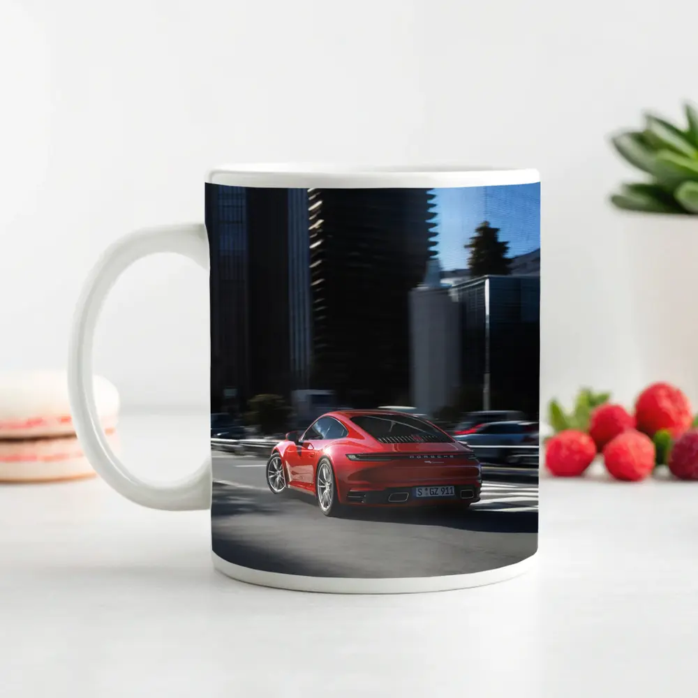 Red Porsche 911 Driving Through City Streets – Mugs