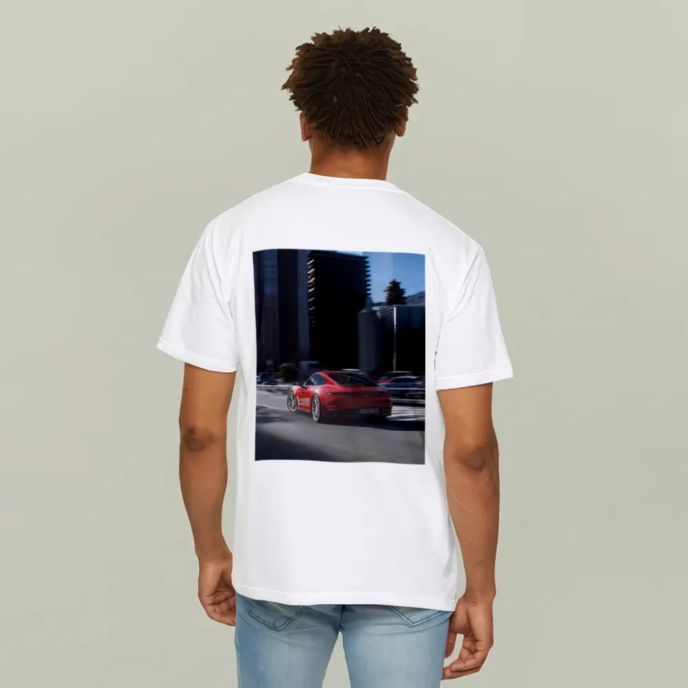 Red Porsche 911 Driving Through City Streets – T-Shirts