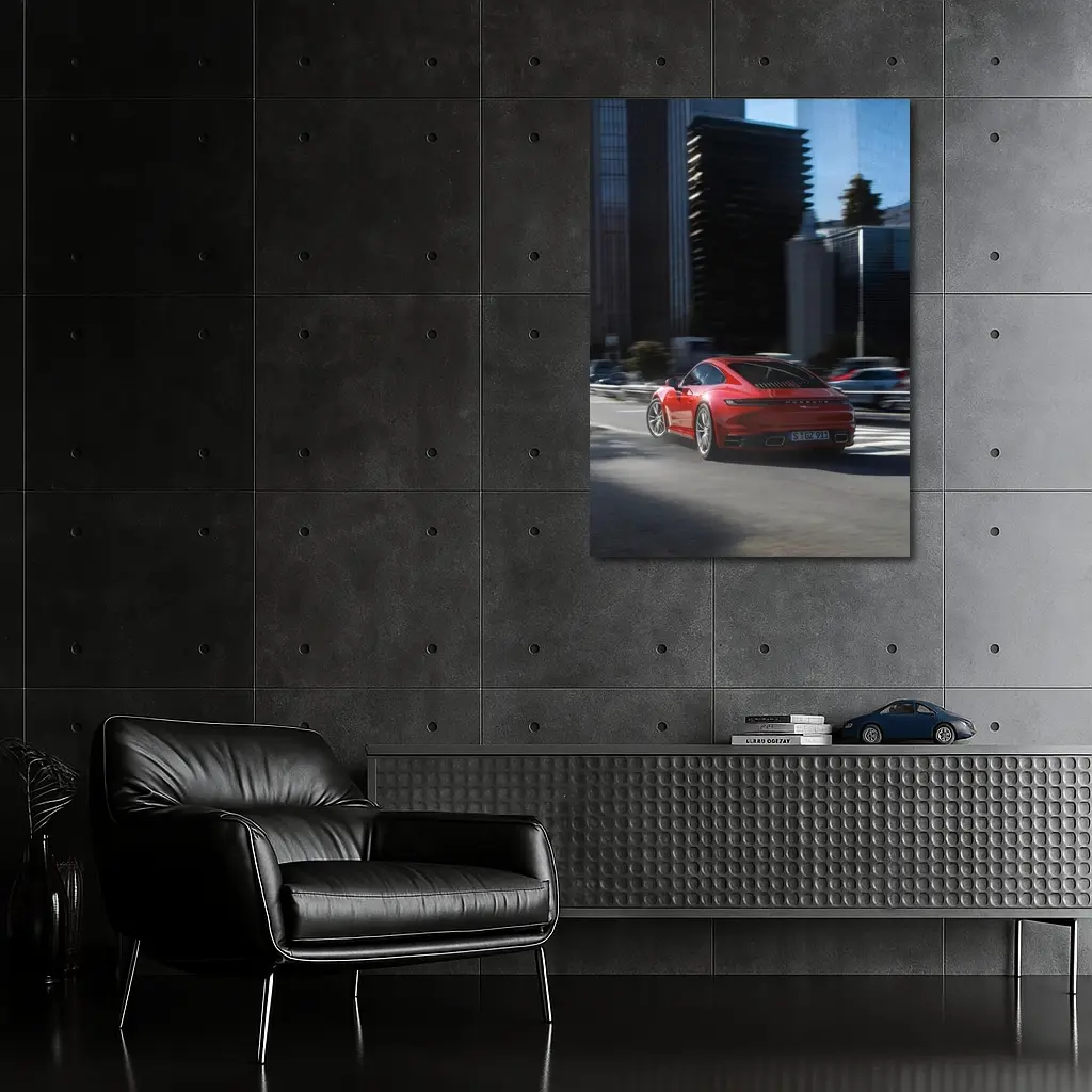 Red Porsche 911 Driving Through City Streets – Wall Art