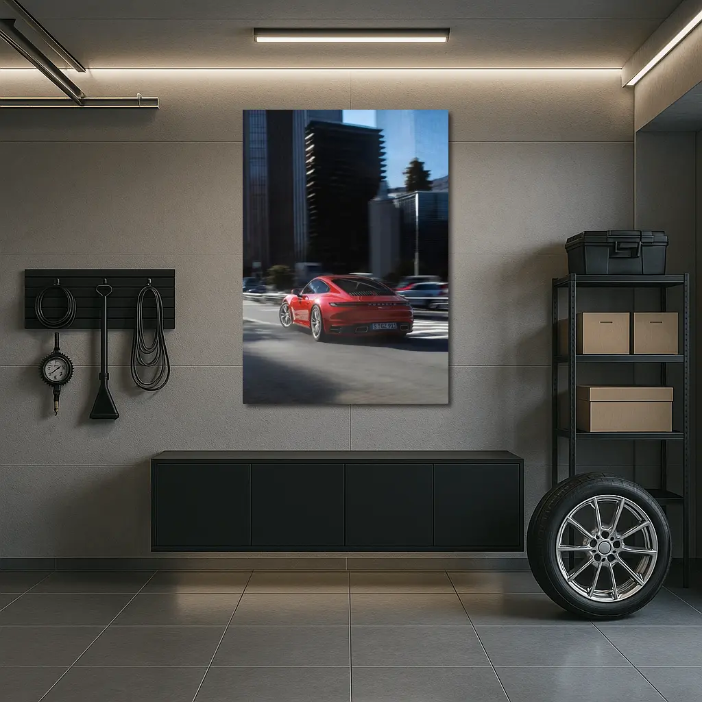 Red Porsche 911 Driving Through City Streets – Wall Art