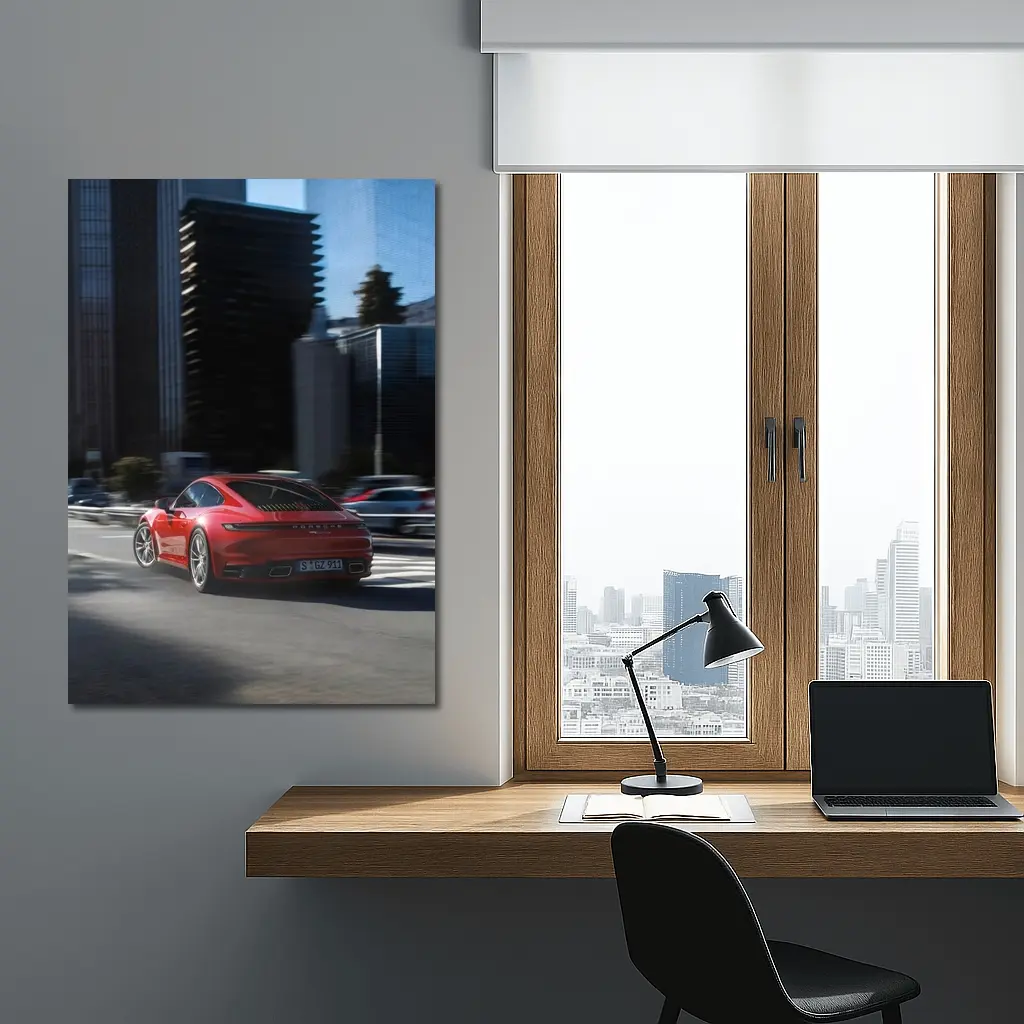 Red Porsche 911 Driving Through City Streets – Wall Art