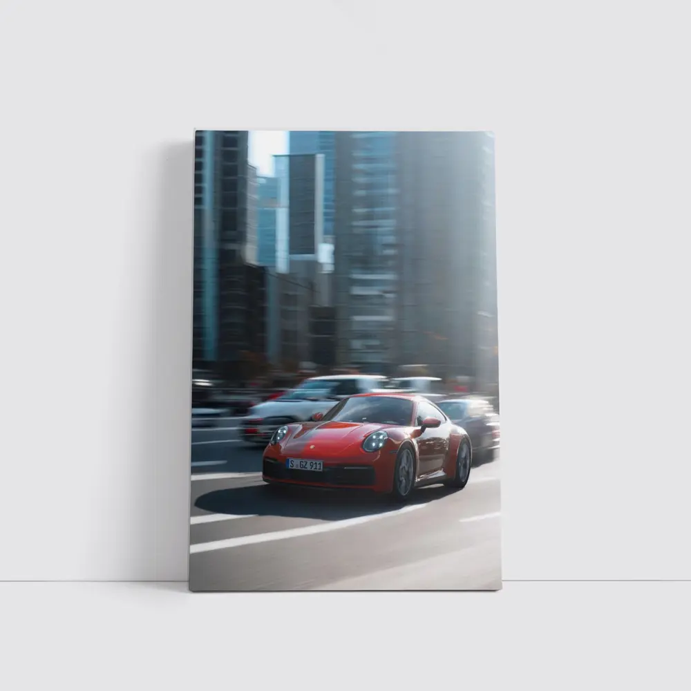 Red Porsche 911 Racing Through City Streets – Wall Art