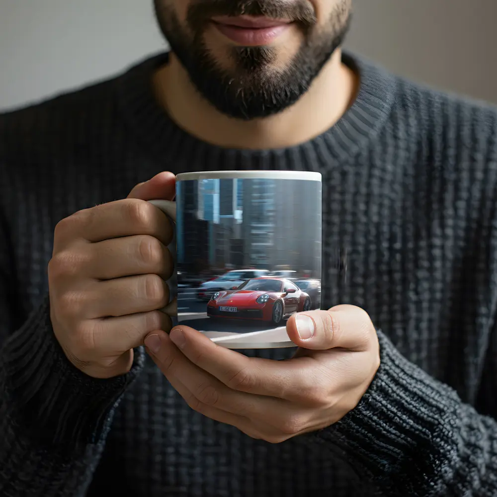 Red Porsche 911 Racing Through City Streets – Mugs