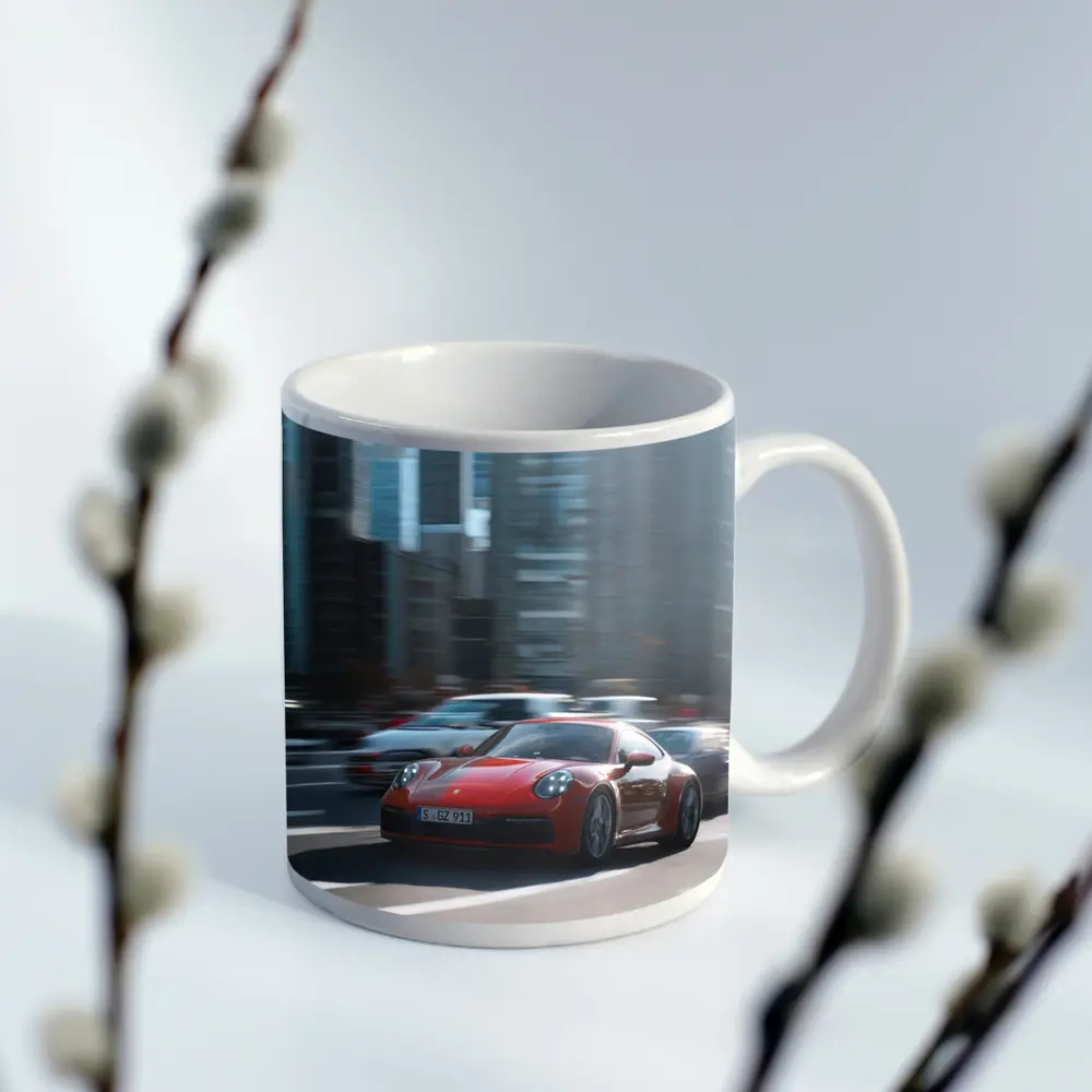 Red Porsche 911 Racing Through City Streets – Mugs