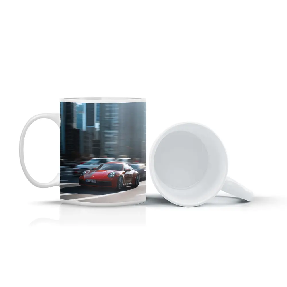 Red Porsche 911 Racing Through City Streets – Mugs