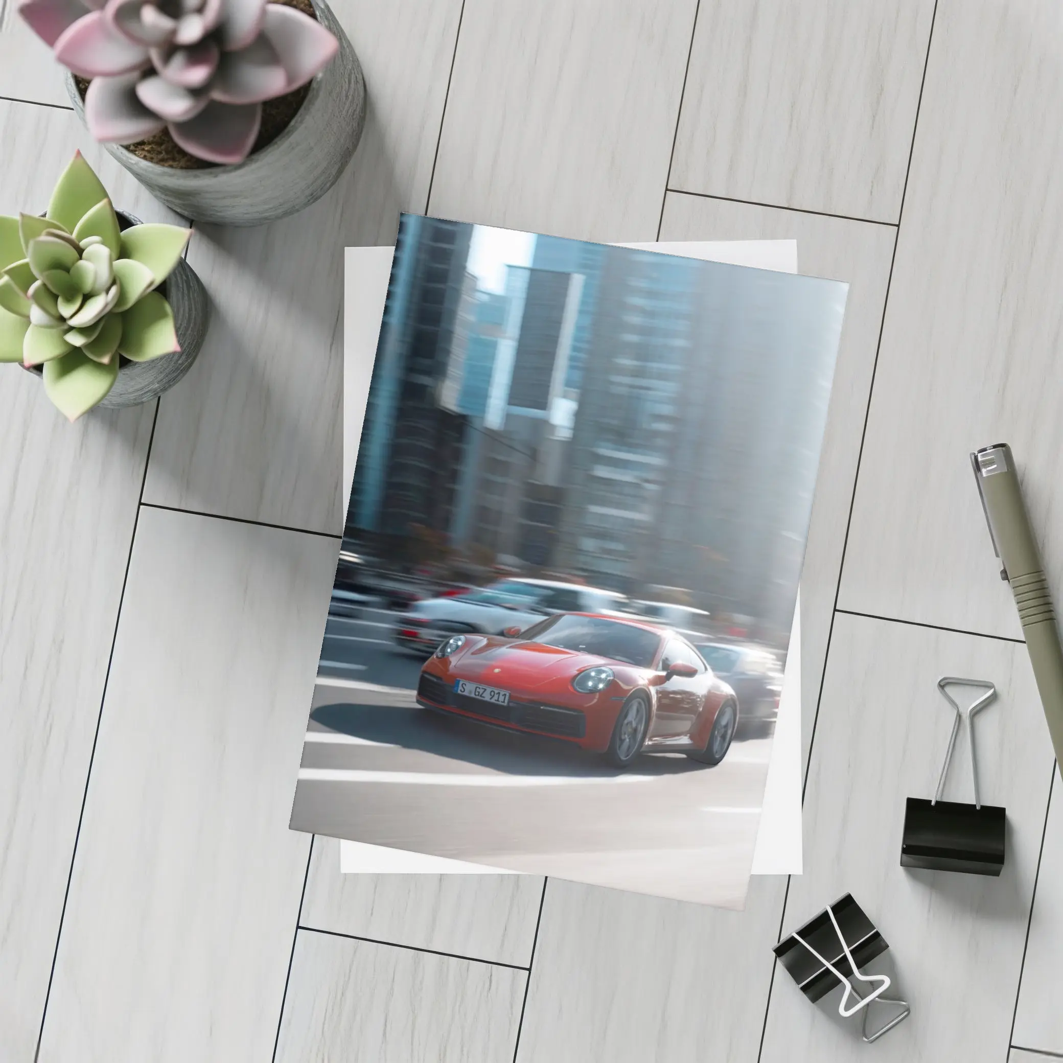 Red Porsche 911 Racing Through City Streets – Postcards
