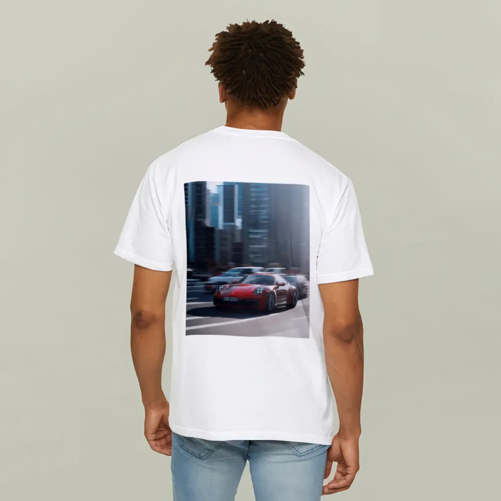 Red Porsche 911 Racing Through City Streets – T-Shirts