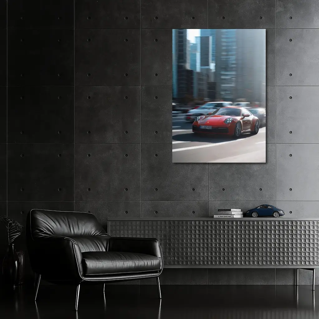 Red Porsche 911 Racing Through City Streets – Wall Art
