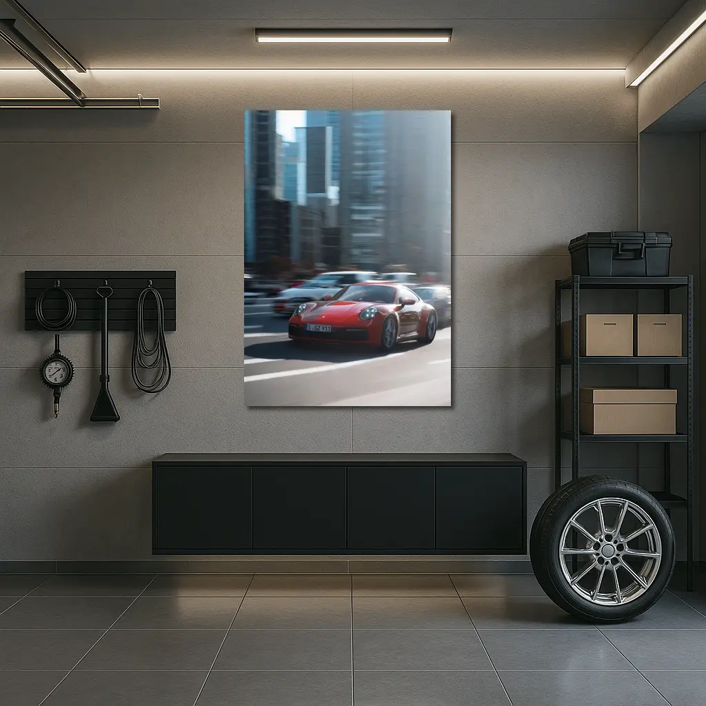 Red Porsche 911 Racing Through City Streets – Wall Art