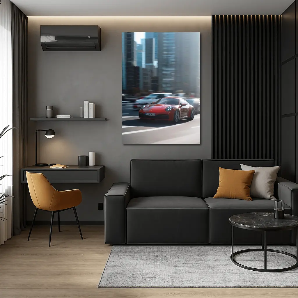 Red Porsche 911 Racing Through City Streets – Wall Art