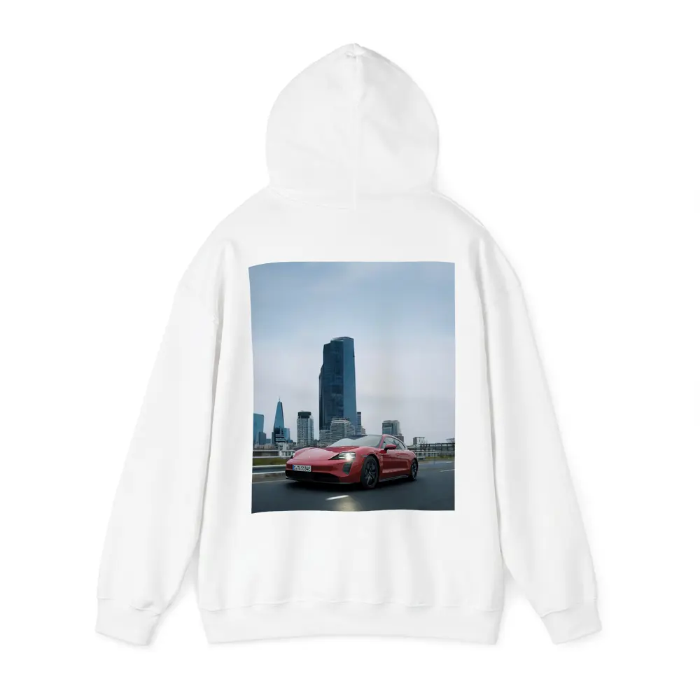 Red Porsche Taycan Driving Through City Skyline – Hoodies