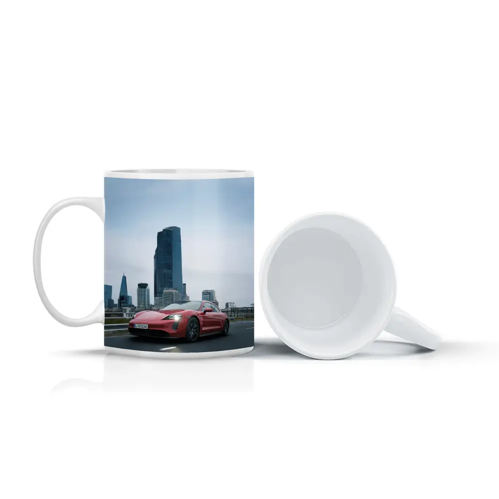 Red Porsche Taycan Driving Through City Skyline – Mugs