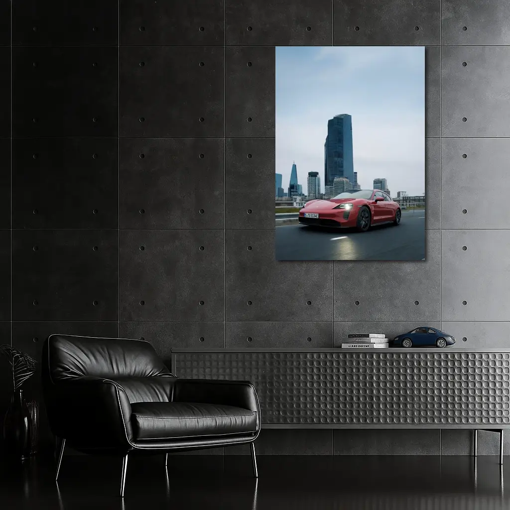 Red Porsche Taycan Driving Through City Skyline – Wall Art