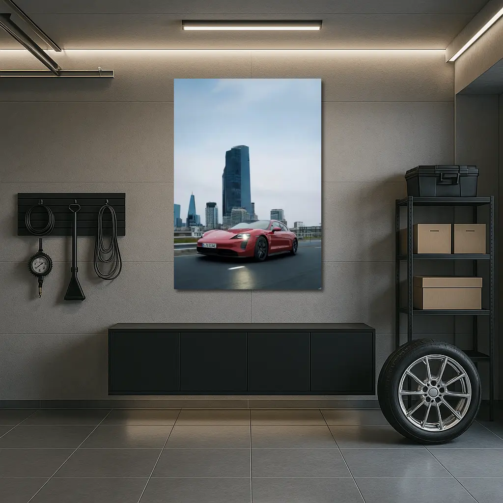 Red Porsche Taycan Driving Through City Skyline – Wall Art