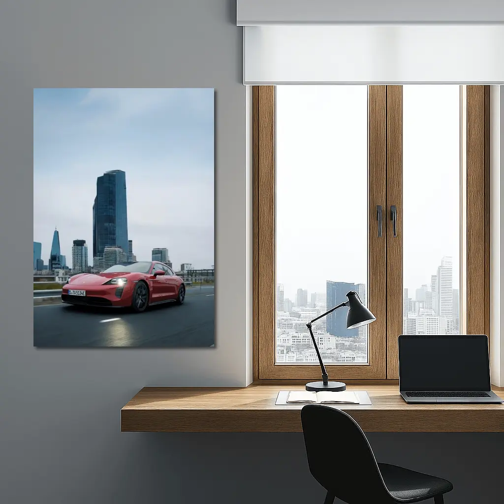 Red Porsche Taycan Driving Through City Skyline – Wall Art