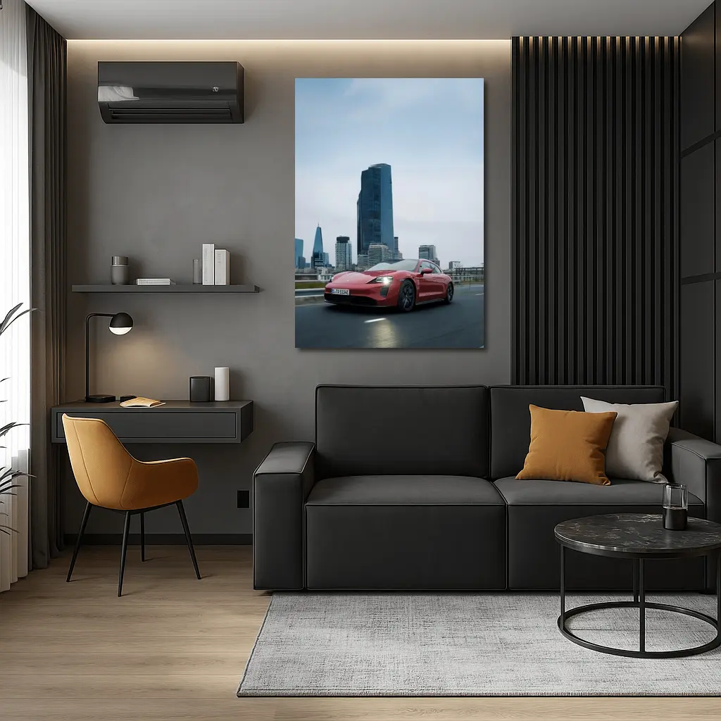 Red Porsche Taycan Driving Through City Skyline – Wall Art