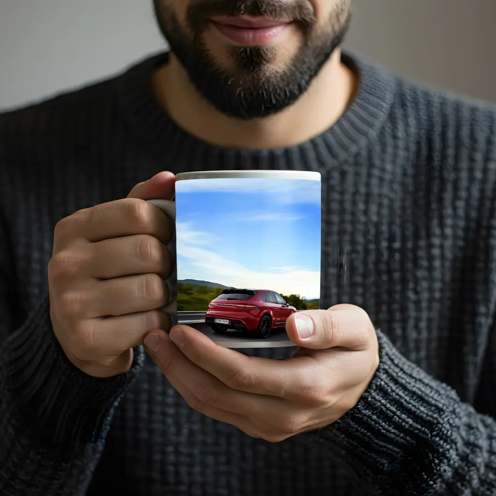 Red Porsche Cayenne Speeding On Open Road – Mugs