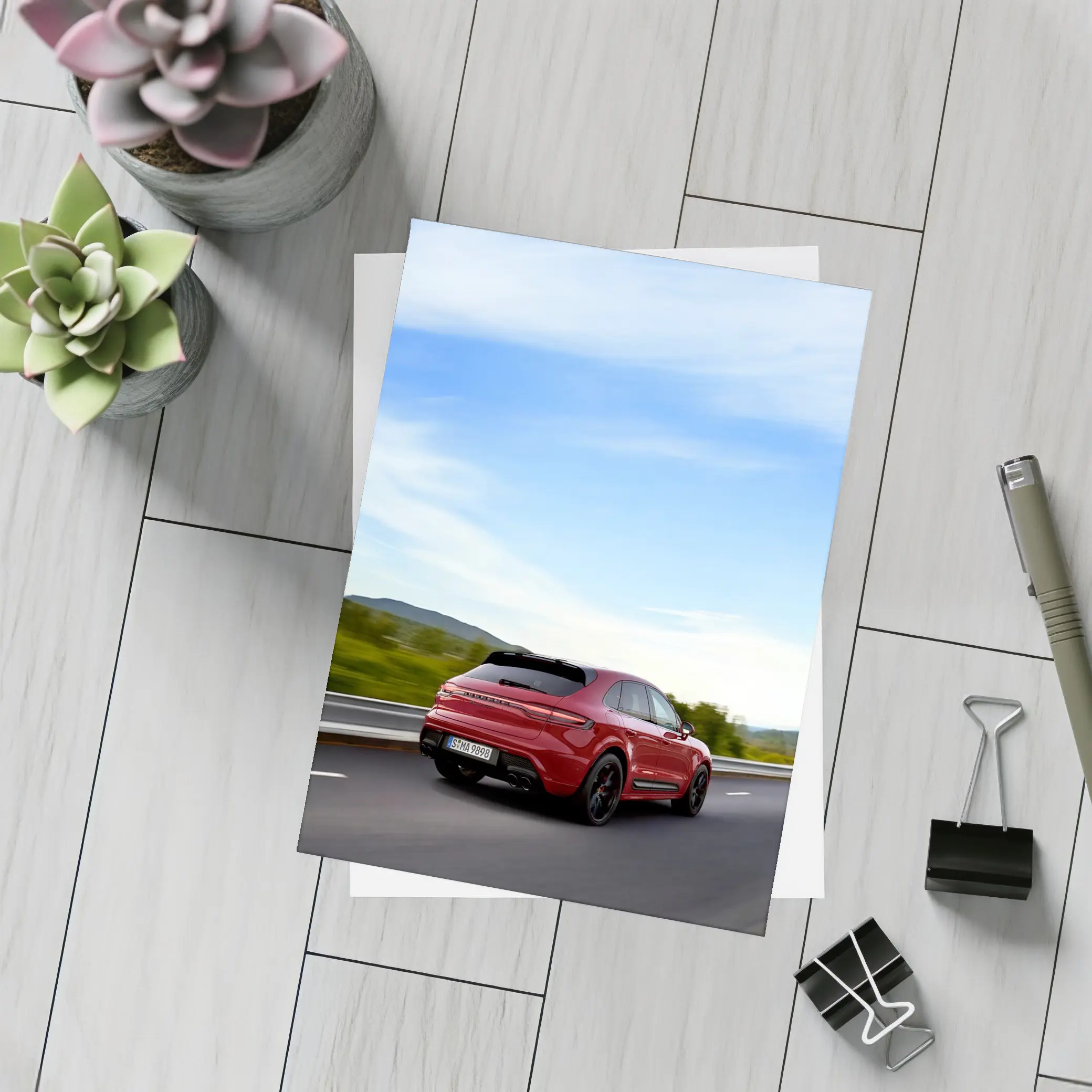 Red Porsche Cayenne Speeding On Open Road – Postcards