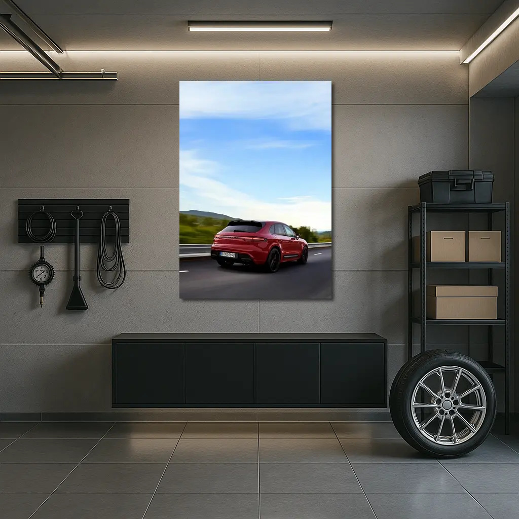 Red Porsche Cayenne Speeding On Open Road – Wall Art