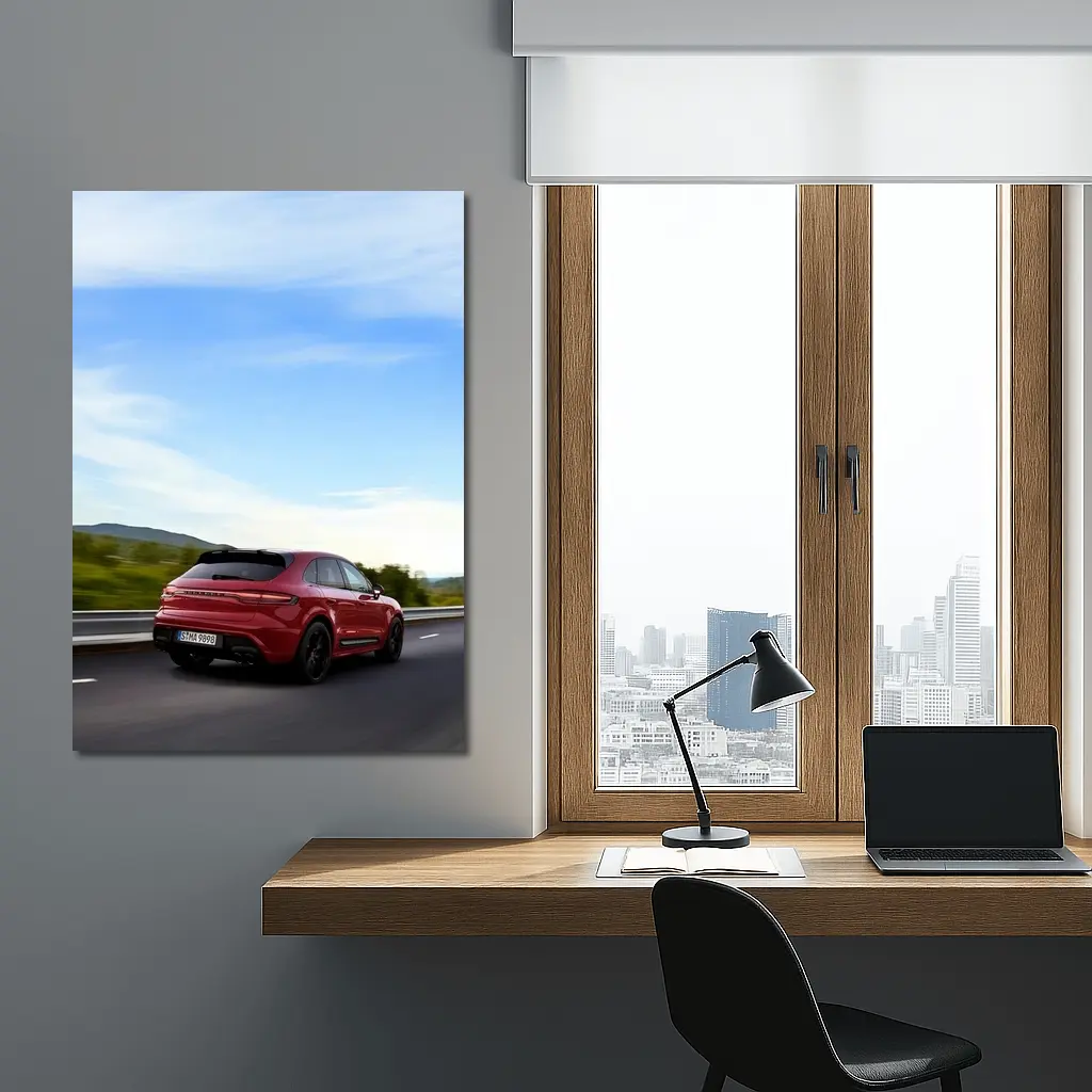 Red Porsche Cayenne Speeding On Open Road – Wall Art