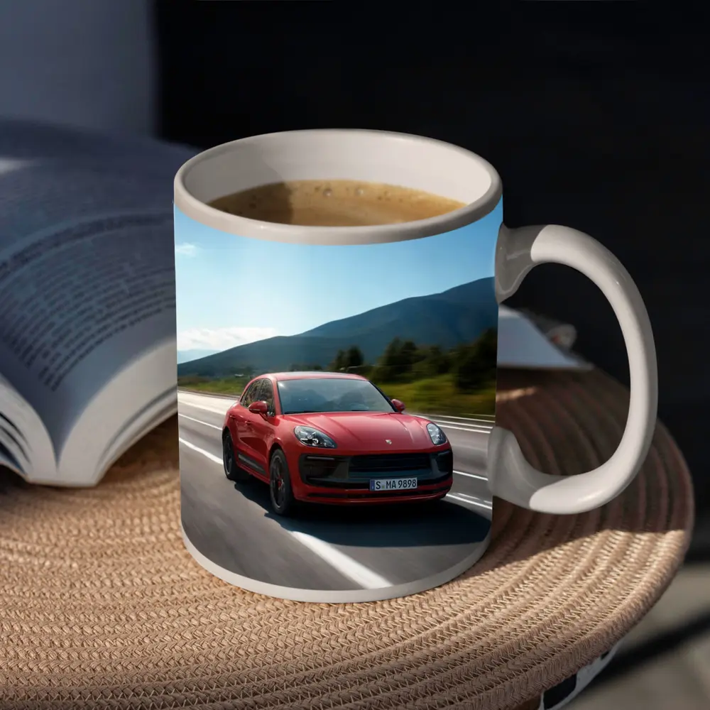 Red Porsche Macan GTS on Mountain Road – Mugs