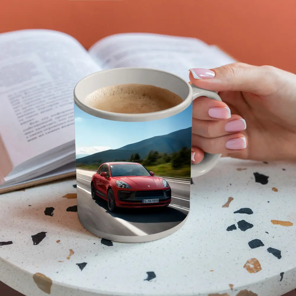Red Porsche Macan GTS on Mountain Road – Mugs