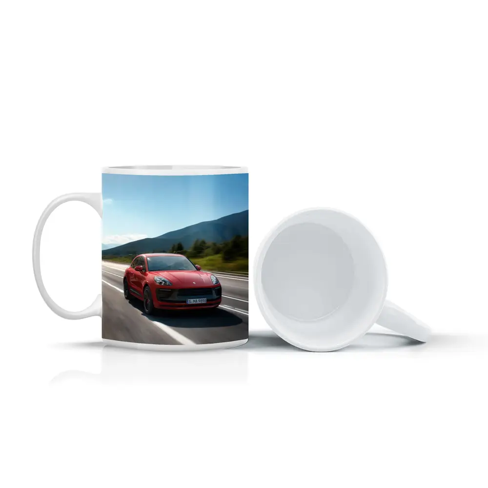 Red Porsche Macan GTS on Mountain Road – Mugs