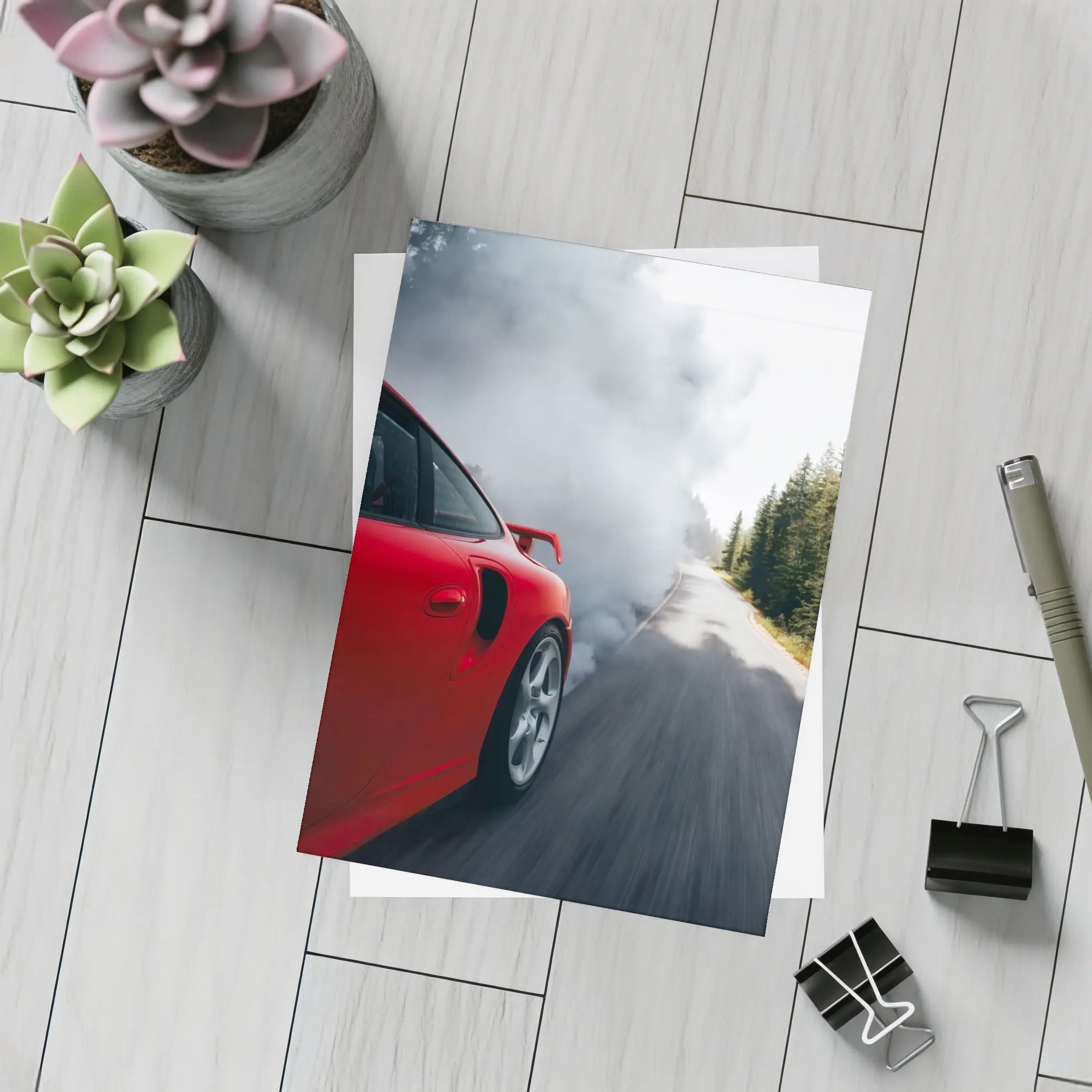 Red Porsche 911 Burnout Forest Road – Postcards