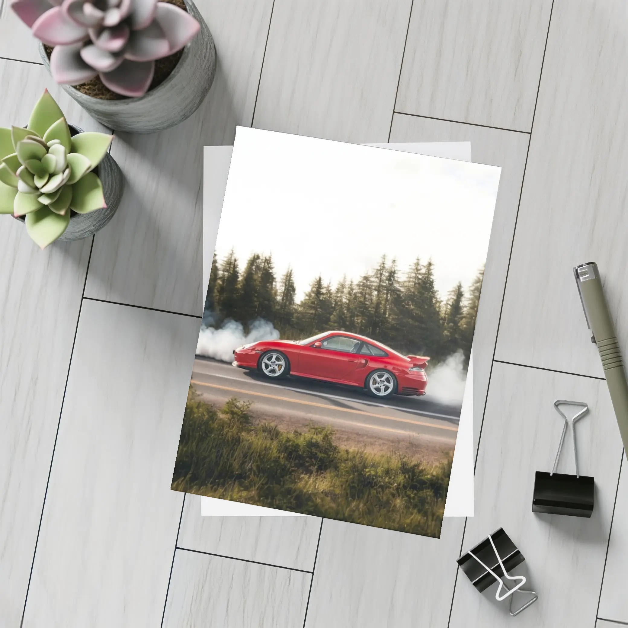 Red Porsche 911 Burnout Forest Road – Postcards