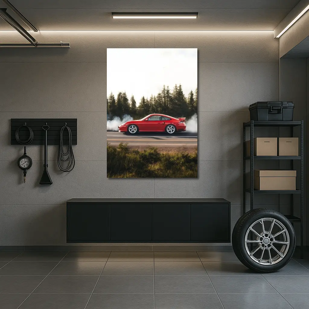 Red Porsche 911 Burnout Forest Road – Wall Art