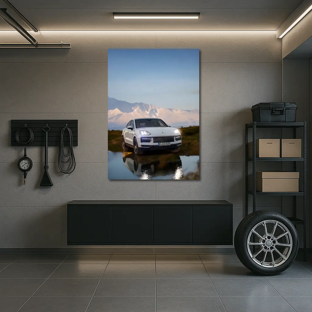 Porsche Cayenne White SUV Mountain Backdrop – Wall Art