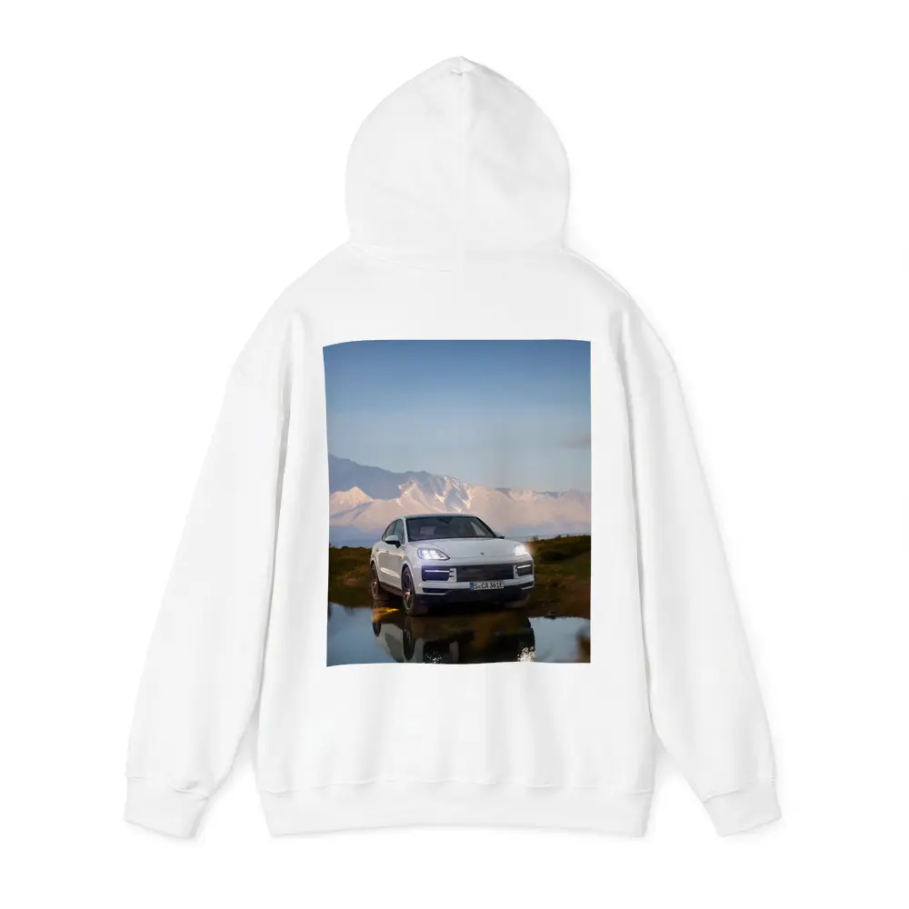 Porsche Cayenne White SUV Mountain Backdrop – Hoodies