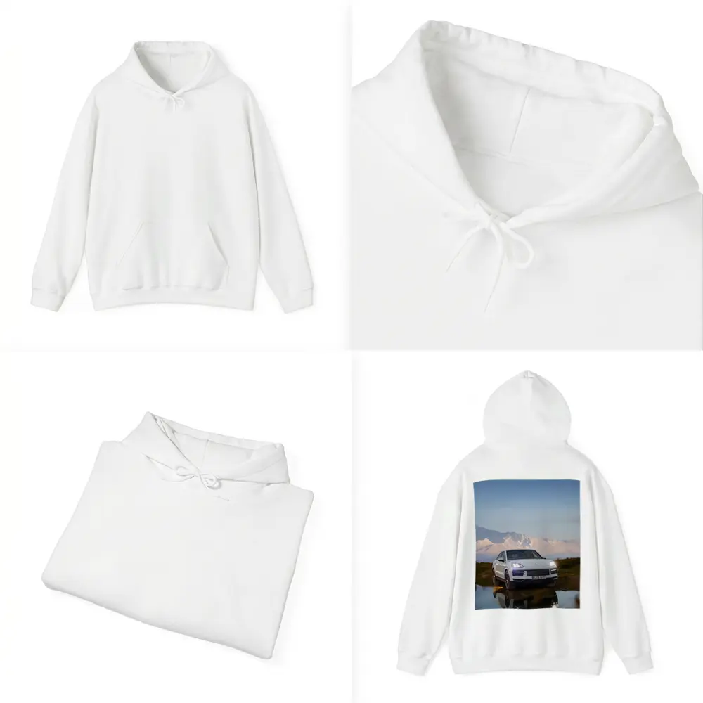 Porsche Cayenne White SUV Mountain Backdrop – Hoodies