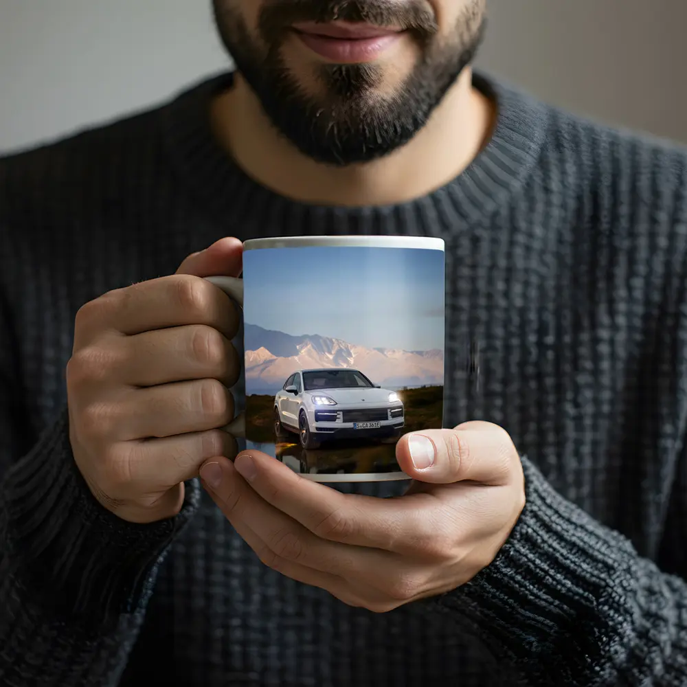 Porsche Cayenne White SUV Mountain Backdrop – Mugs