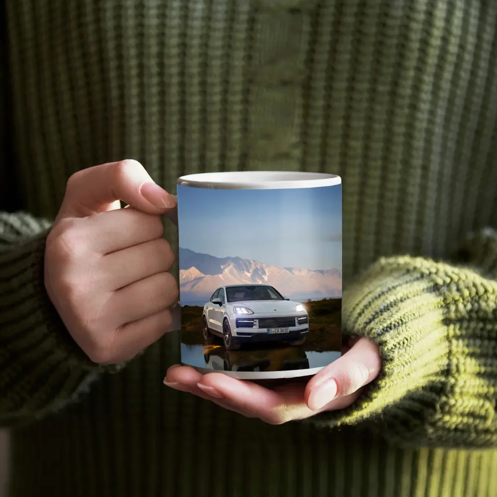 Porsche Cayenne White SUV Mountain Backdrop – Mugs