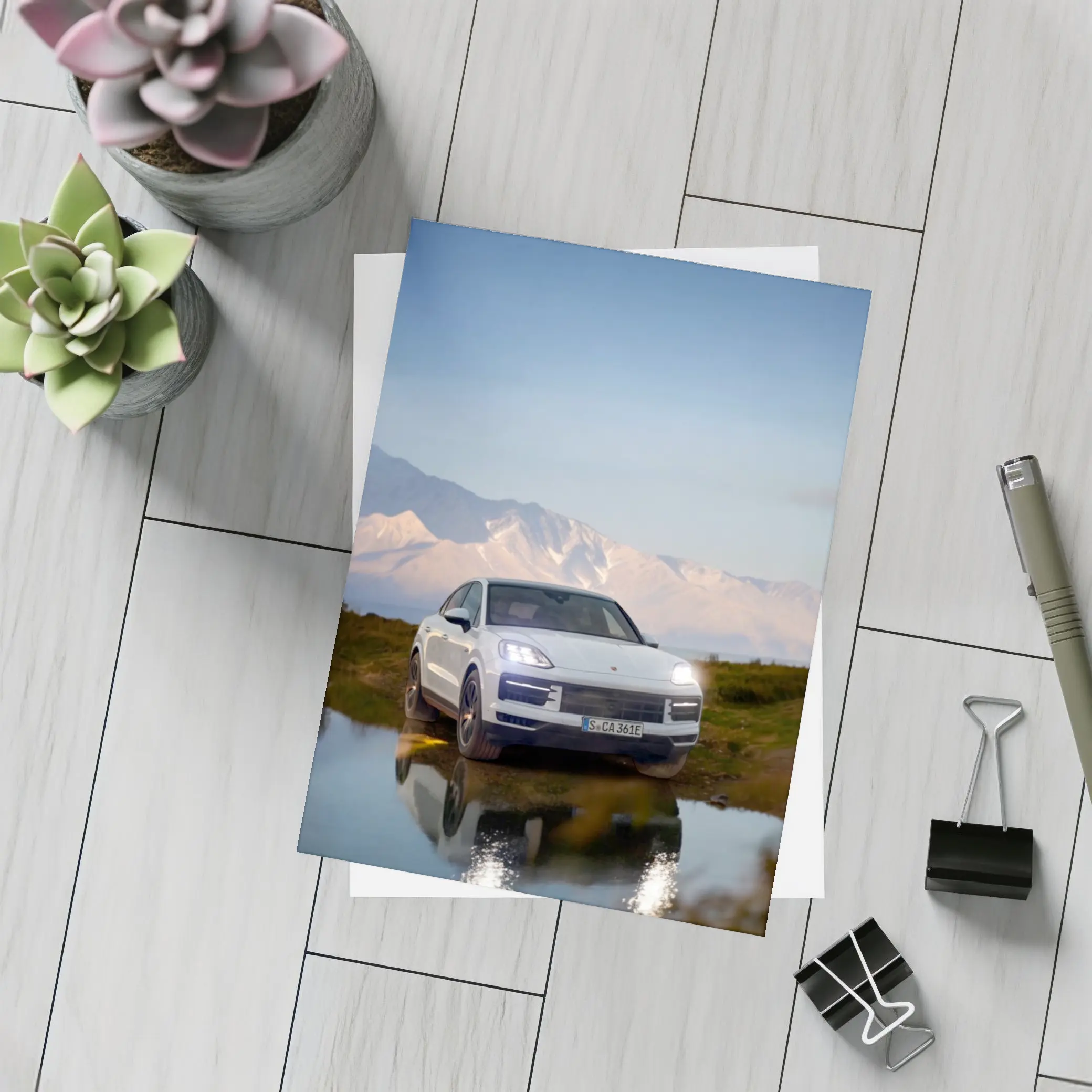 Porsche Cayenne White SUV Mountain Backdrop – Postcards
