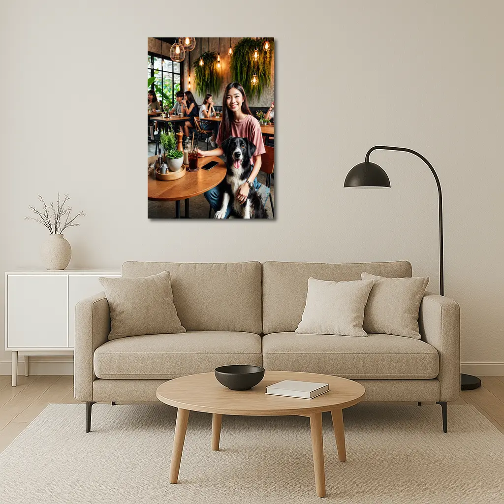 Border Collie Girl Sitting Modern Cafe – Wall Art